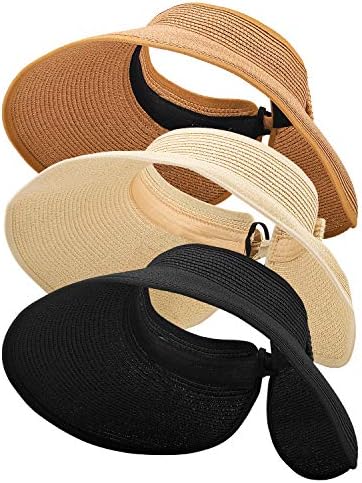 Foldable Straw Sun Visor Hats for Women with Wide Brim and Ponytail Holder, Perfect for Summer Beach Activities and Skin Protection