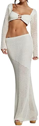 TSNBRE Knit Skirt Set with Hollow Out Crop Top